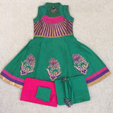 Green/Rani Pink Cotton Anarkali Suit with Cotton Dupatta