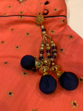 Orange/Navy Blue Zardozi/Stone/Thread Embroidered Silk Salwar Floor Length Suit with Shaded Net Dupatta