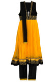 Yellow/Black Net/Velvet Long Anarkali Suit with Net Dupatta