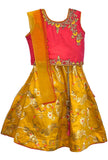 Peach/Yellow Crop Top-Lehenga with Shaded Net Dupatta