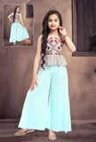 Blue Chiffon Sequined Crop Top/ Pant with Duaptta and ¾ sleeve blouse