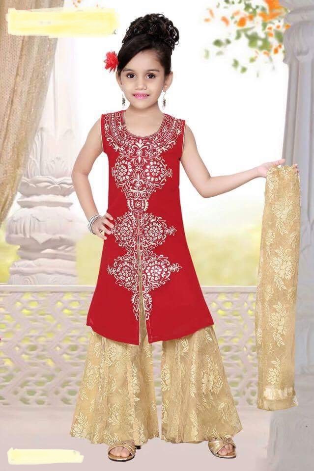Red/Gold Chiffon/Flower Embroidered Net Palazzo/Sharara Suit with Dupatta 36 Red/Gold Chiffon/Flower Embroidered Net Palazzo/Sharara Suit with Dupatta 36