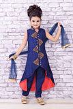 Blue/Orange High Low Style Top/Pant with Net Dupatta